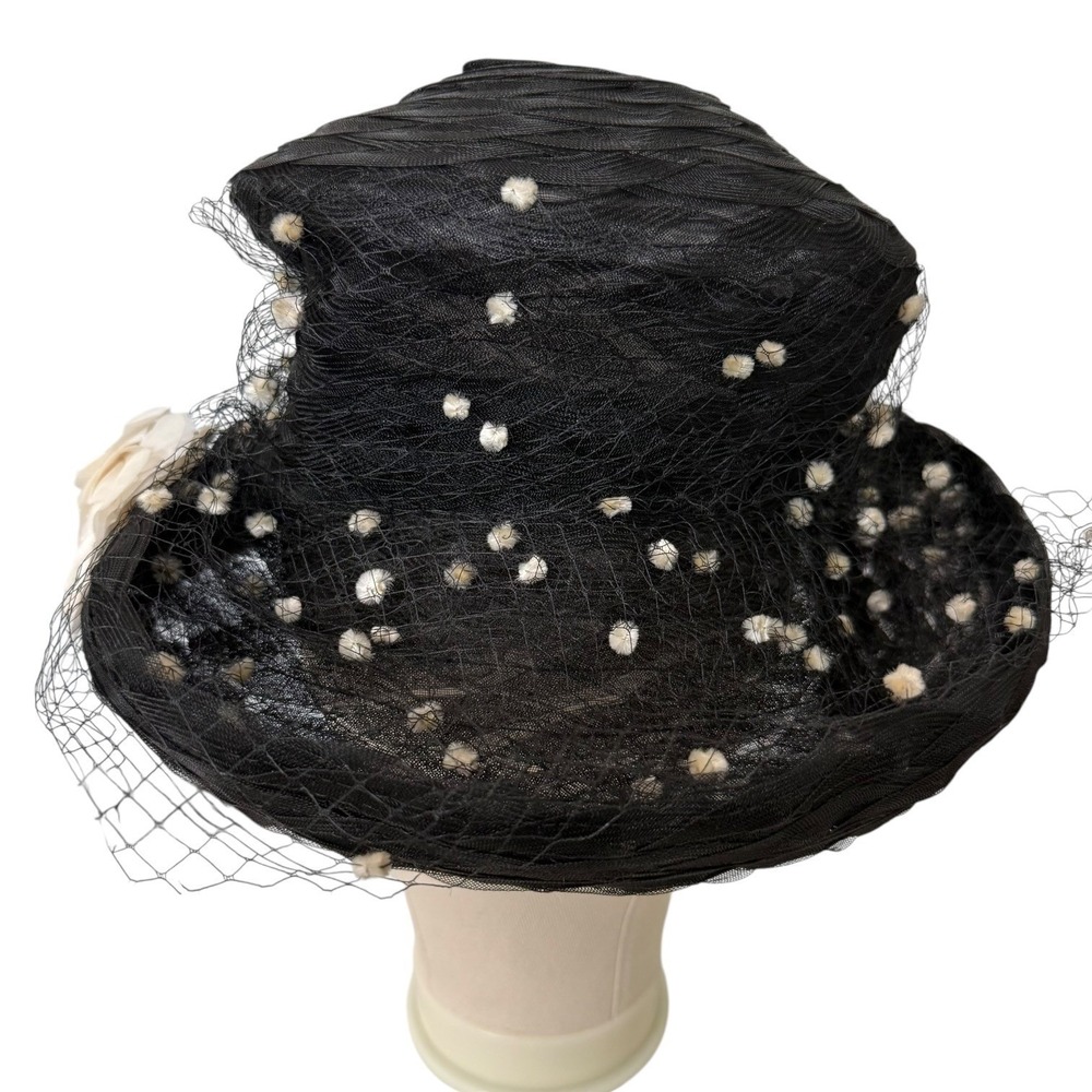 Vintage Eric Javits Black Mesh Birdcage Veil Hat with Cream Flower and Pom-Poms - Picture 4 of 8